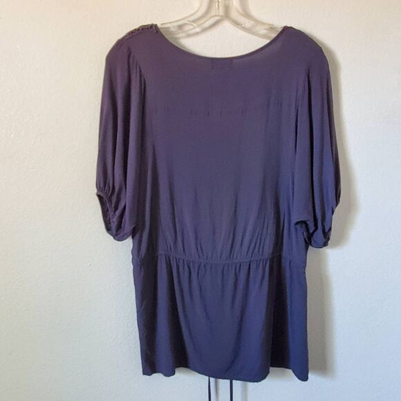 Poetry Peasant Blouse Women's L Gray Blue Short Sleeve Crochet Lace Rayon Boho - Picture 3 of 10